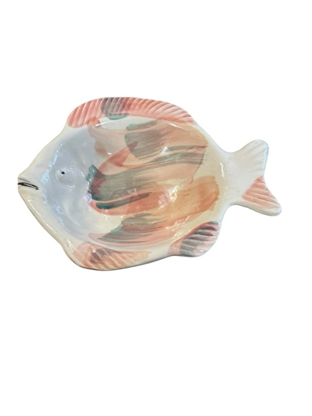 VTG Handmade Art Pottery‎ Pink Blue Fish Dish Ceramic Bowl Nautical Signed by DR